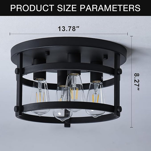 4-Light Retro Farmhouse Flush Mount Round Vintage Metal Ceiling Light Fixtures, Rustic Ceiling Lamp for Kitchen Island Hallway Entryway Bedroom Dining Room, E26 Bulbs, 13.78"