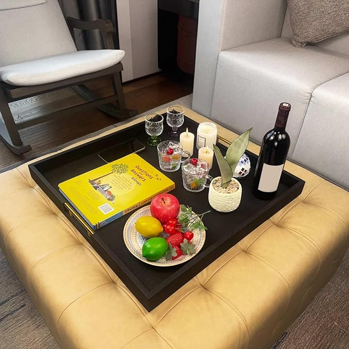 24x24 Inches Extra Large Black Faux Leather Wrapped Wood Ottoman Tray with Golden Handles for Serving Food and Breakfast On Bed, Square Coffee Table Organizer, Home Decor and Decorative