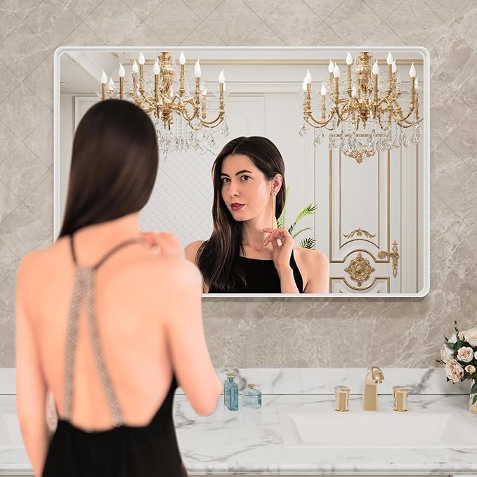 LOAAO 48x30 Inch White Metal Framed Bathroom Mirror