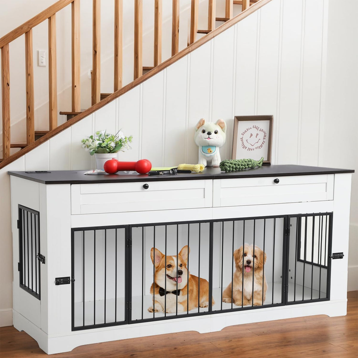 Large Dog Crate Furniture-Decorative Heavy Duty Dog Cage Indoor, Wooden Dog Cage End Table with Charging Station, Dog House with 2 Drawers (White, 70.86''L)