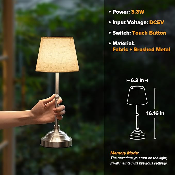 Cordless Table Lamp, Rechargeable Desk Lamp with Fabric Shade, Battery Operated Lamp 3 Color Stepless Dimming, Portable Touch Bedside Lamp Home Decor for Dining, Counter (Brushed Sliver)