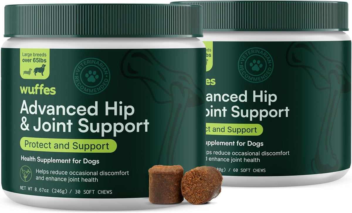 Wuffes Advanced Dog Hip and Joint Supplement with Glucosamine, Chondroitin, Omega 3, MSM, and Green Lipped Mussel, (Pack of 2, Small & Large Breed)