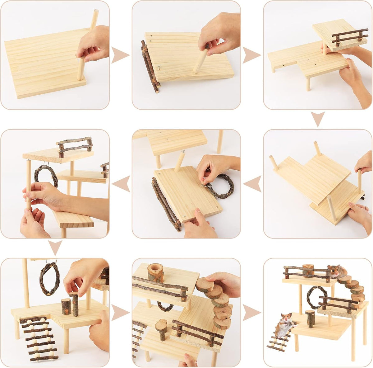 HOSUKKO Hamster Climbing Toys 3-Tier Extra Large Hamster Playground Natural Wooden Small Animal Platform Toys Hamster Exercise Activity Climbing Platform with Bridge for Gift