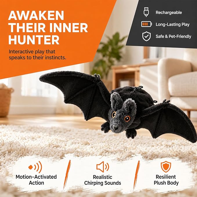 Interactive Flying Bat Dog Toy, Flapping Wings Cute Bat for Indoor Cats & Dogs, Automatic Flapping Wings with Chirping Sounds, Touch Activated, Rechargeable for Solo Play，Manual Switch