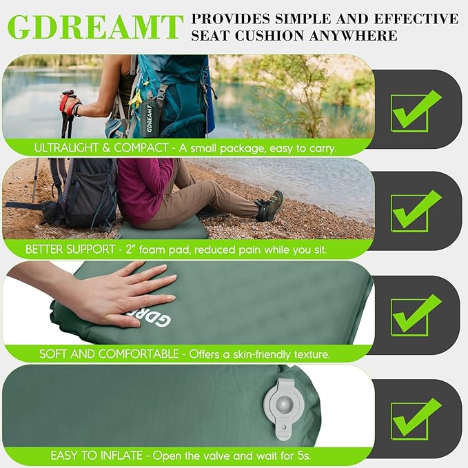 GDREAMT Inflatable Seat Cushion, Self-Inflating Memory Foam Stadium Seats Cushion Lightweight & Compact Chair Sitting Pad Airplane Cushion for Long Flight Travel Outdoor Camping Car Bleachers Office