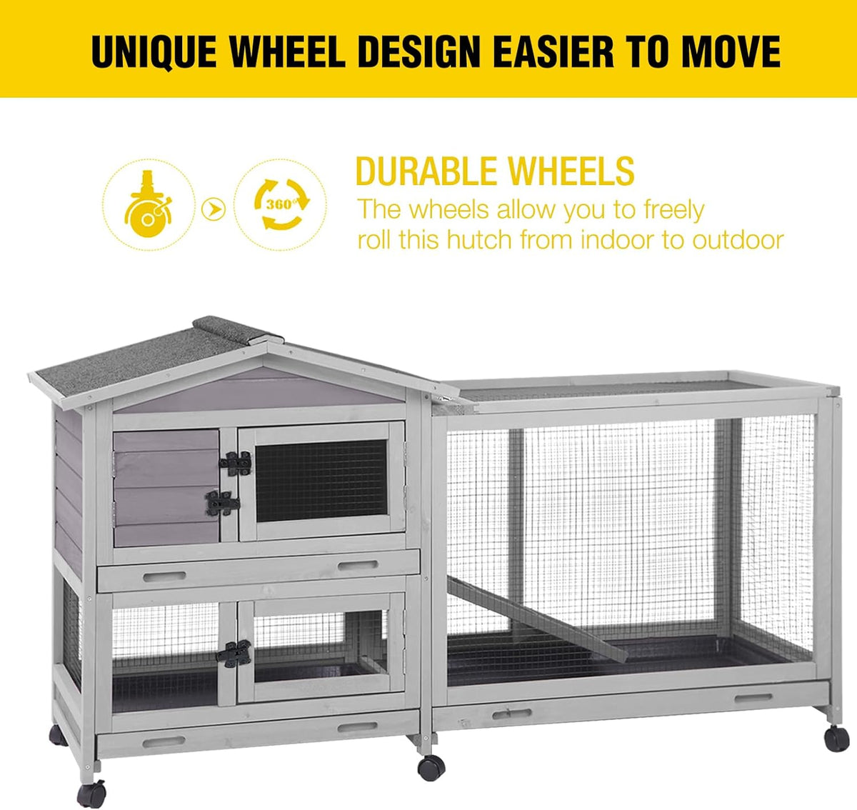 Aivituvin Rabbit Hutch Outdoor Rabbit Cage Indoor with Casters Bunny Cage Chikcen Coop for Small Animals with Pull-Out Tray(Grey)