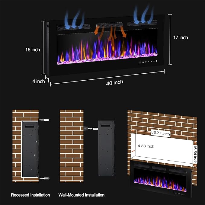 40" Electric Fireplace Wall Mounted and Recessed