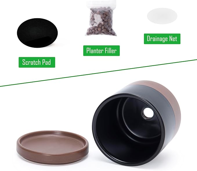 D'vine Dev 3.5 Inch Ceramic Planter Pot with Drainage Hole and Saucer, Indoor Cylinder Round Planter Pot, Black/Speckled Tan, 94-O-A-7