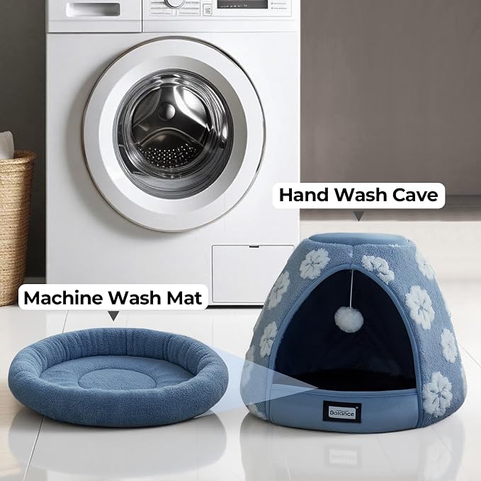 BALANCE Cat Beds for Indoor Cats, 2-in-1 Cat Bed Cave with Anti-Slip Bottom and Ultra-Soft Plush, Cozy Cats House Tent for Kittens and Small Dogs, 19 Inches, Blue