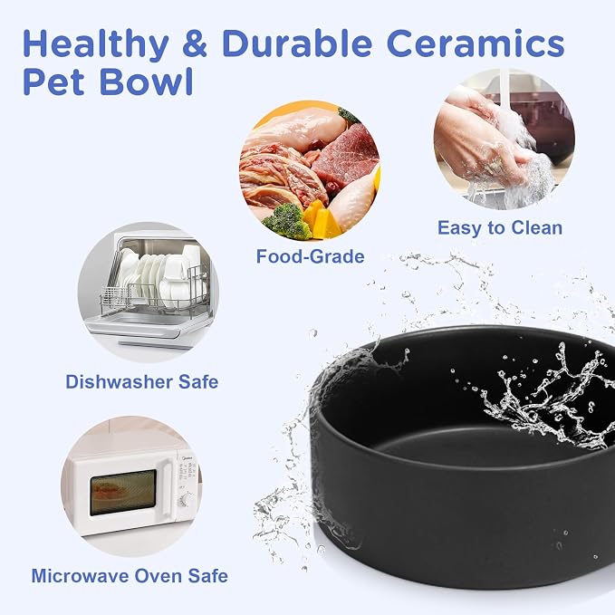 SPUNKYJUNKY Elevated Dog Bowls Ceramic, 7.3'' Dogs Food Water Bowls Raised with Non-Slip Bamboo Stand for Medium to Large Sized Breed Microwave Dishwasher Safe - 42 OZ,Black