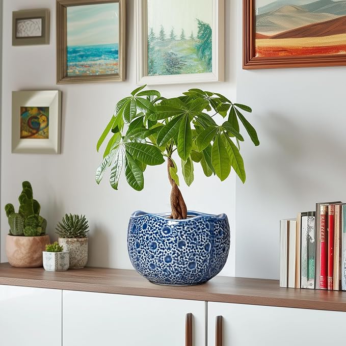 Ceramic Pots for Plants - 8 Inch Round Planter with Drainage Hole, Round Decorative Plant Pots for Indoor Outdoor, Modern Unique Flower Pot, House Living Room Decor, Home Gifts, Blue