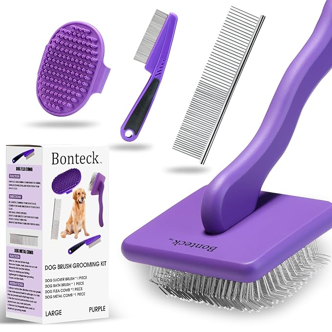 Dog Slicker Brush for Dogs Grooming Kit 4PCS | Large Dog Brush for Goldendoodles Poodles Doodles | Long Pin Haired Brush | Poodle Brushes and Comb (Purple)
