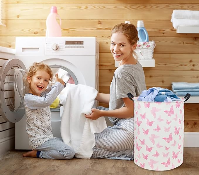Butterfly Pink Laundry Hamper Girls Laundry Hamper Baby Laundry Basket Cute Toy Storage Bin Kids Hamper Butterfly Room Decor(Pink Butterfly)