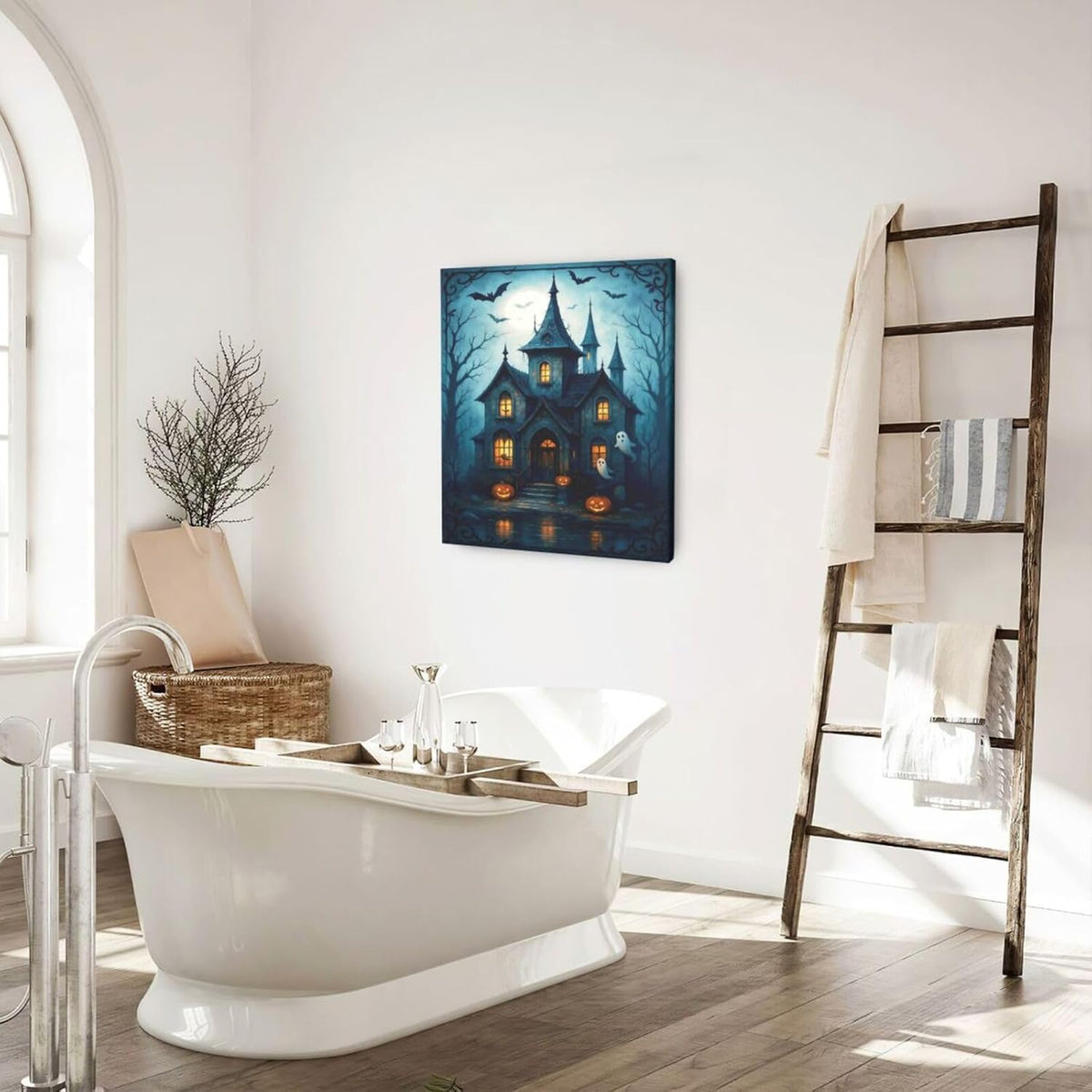 Halloween Gothic Wall Art Castle Pumpkin Ghost Bat Canvas Wall Decor Dark Academia Pictures Painting Print Framed Artwork Decorations Gifts for Halloween Living Room Bedroom Office 20"x24"