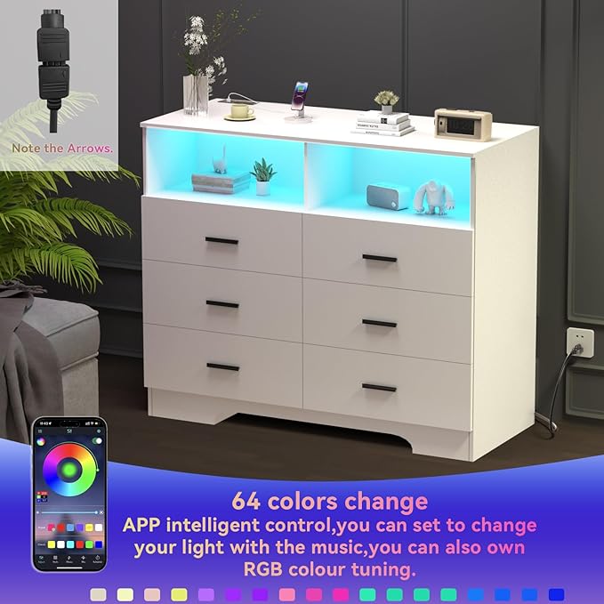 Dresser with Power Outlets and LED Lights Wooden 6 Drawer Dresser with Large