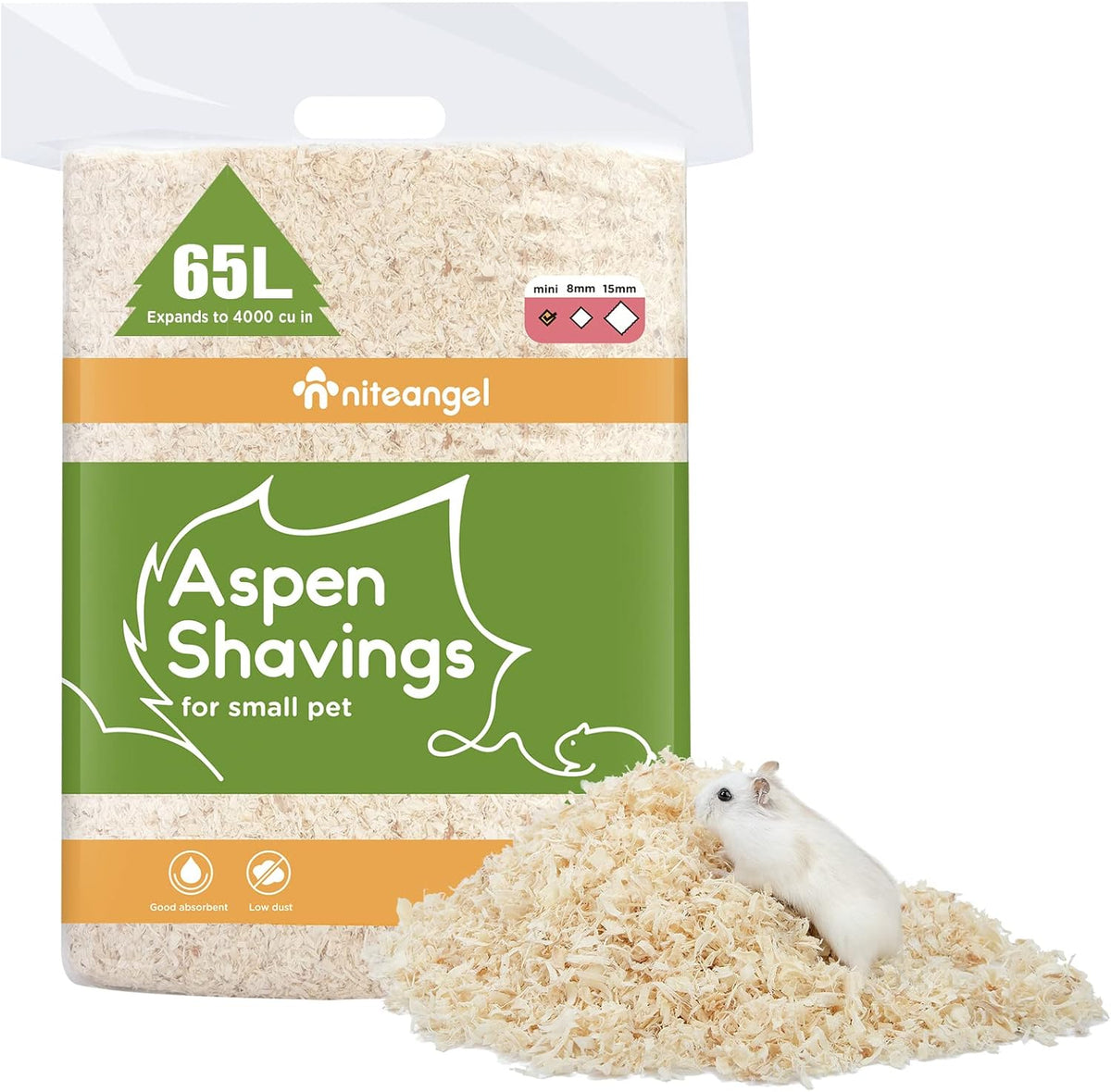 Niteangel Aspen Shaving Hamster Beddings for Syrian Dwarf Hamster Gerbil Mice Degu Rat Rabbit Bunny Guinea Pig Chinchilla Hedgehog or Other Small Pets (65L - Mini)