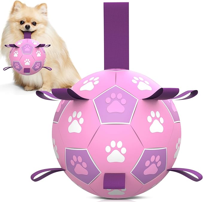 QDAN Dog Toys Soccer Ball with Straps - Durable Balls for Small Medium Dogs, Beach Pool Water Toy Dog Tug Toys for Tug of War, Puppy Pet Birthday Gifts (6 Inch)