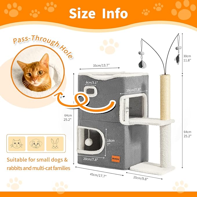 Cat Bed Cave for Indoor Cats with Scratch Pad Cat House Condo Adults with Fluffy Ball Cats Hideaway Large 2-Storey Cube Beds for Pets Grey