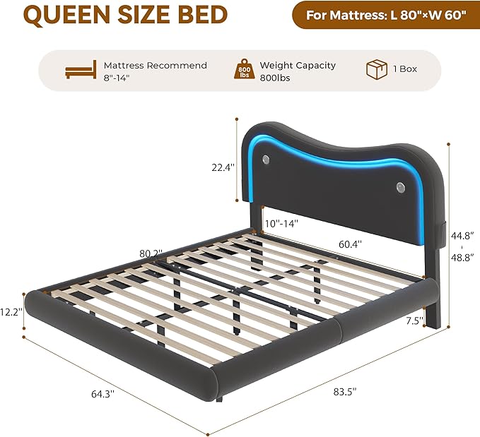 Queen Size Floating Bed Frame with LED Lights, Velvet Upholstered Headboard Bed Frame, Rounded Corners, Charging Station, No Box Spring Needed, Easy Assembly, Black