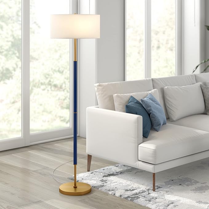 Henn&Hart 2-Light Floor Lamp with Fabric Shade in Blue/Brass/White, Floor Lamp for Home Office, Bedroom, Living Room
