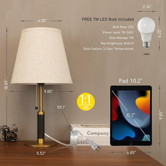 18.9" Modern Table Lamp Bedside Lamps for Nightstand Lamp for Bedroom Living Room End Tables 3-Color Night Light Pull Chain Switch Wood Fabric for Home Office Dorm Decor (Light Brown+Brass)