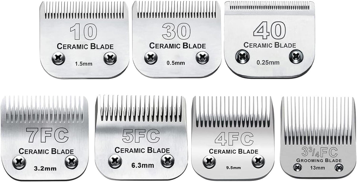 7Pack 10 Blades Dog Grooming Replacement Blades Compatible with Andis Pet Clipper/Oster A5/Wahl KM Series Dog Clipper,Ceramic Blade & Stainless Steel Blade (#10+30+40+3FC+4FC+5FC+7FC)