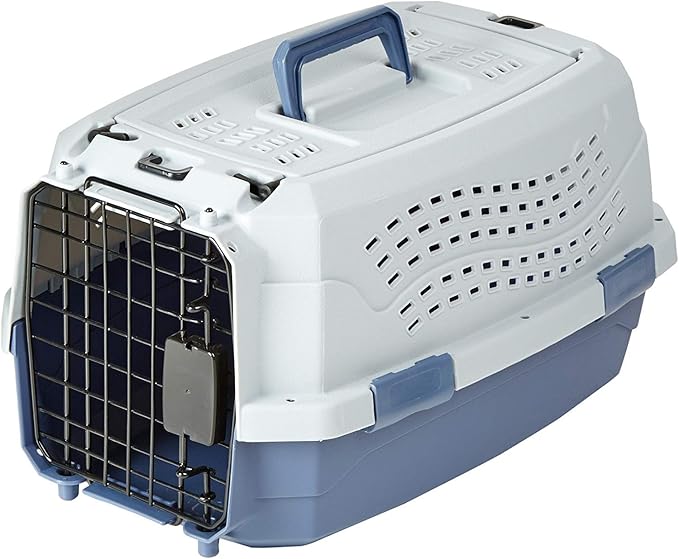 Amazon Basics 2-Door Top-Load Hard-Sided Cat Pet Travel Carrier, 19.0" L x 12.6" W x 10.0" H, Gray & Blue