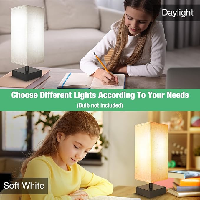 Small Bedside Lamp, Mini Minimalist Table Lamp with Square Flaxen Fabric Shade, 11 Inch Desk Reading Lamp for Bedroom, Living Room, Office, 2 Pack