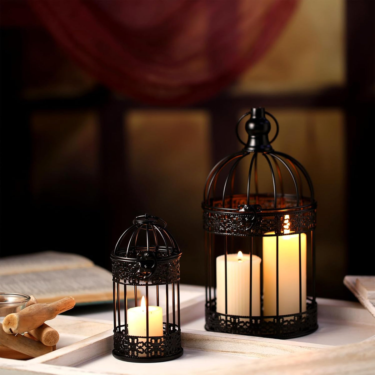 Sliner 4 Pcs Bird Cage Decorative Candle Holder Vintage Candle Holder Cage Lanterns Model for Modern Table House Home Decoration(Black)