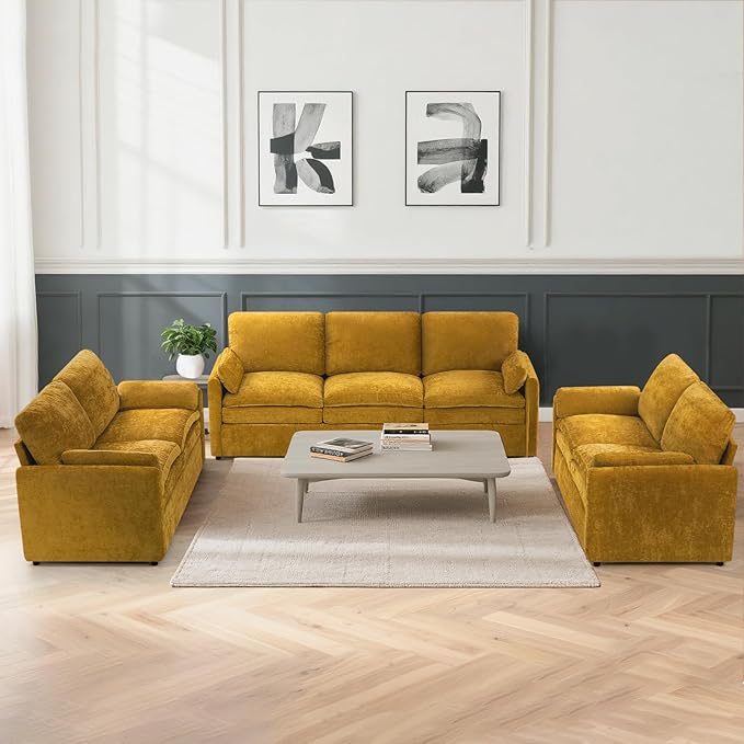 3 Pieces Chenille Sofa Set w/Arm Pillows, Upholstered 2 Pieces Loveseat & 3 Seater Sofa w/Comfortable Back Cushions, Modern 2-Seat & 3-Seat w/High-Density Foam for Living Room, Yellow