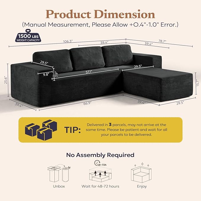106" Cloud Sectional Couch, Left/Right Facing Convertible Sofa with Deep Seat, L-Shape Modular Upholstered Foam Couch for Living Room Bedroom, No Assembly Required (Corduroy Fabric, Black)
