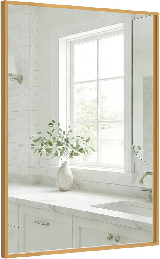 24''x36'' Gold Bathroom Mirror | Antique Brass Deep-Set Recessed Metal Frame |