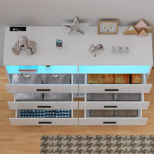Dresser with Power Outlets and LED Lights Wooden 6 Drawer Dresser with Large