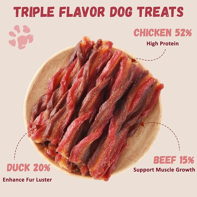 Triple Flavored Dog Treats Chicken, Duck & Beef Twists, Healthy Low Fat Dog Jerky Chews, High Protein Training Treats Snacks for Small Medium Large Breed, 10.6 oz