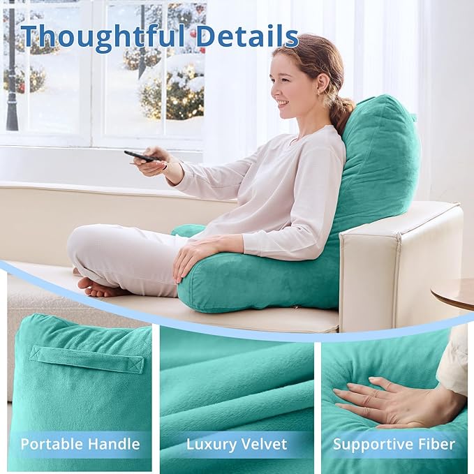 Sasttie 25-inch Reading Pillows for Sitting in Bed Adult, Jumbo Velvet Back Pillow Bed Sitting Up, XL High Back-Rest Support Cushion for Sit Up on Couch & Floor, Oeko-Tex Certified, Teal Cyan