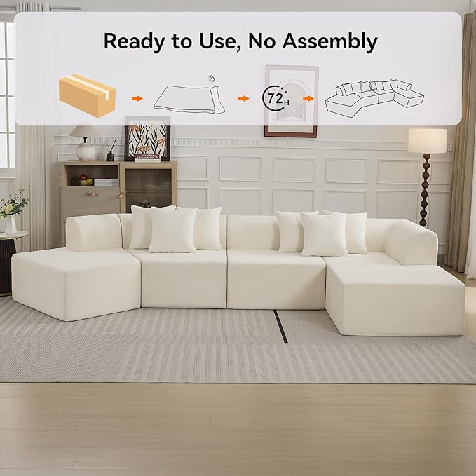 140''Oversized Cloud Velvet Curved Sectional Couch, Boneless Couch with L-Shape Chaise, Upholstered Compression Memory Foam Modular Sectional Sofa for Living Room, No Assembly Required, Beige