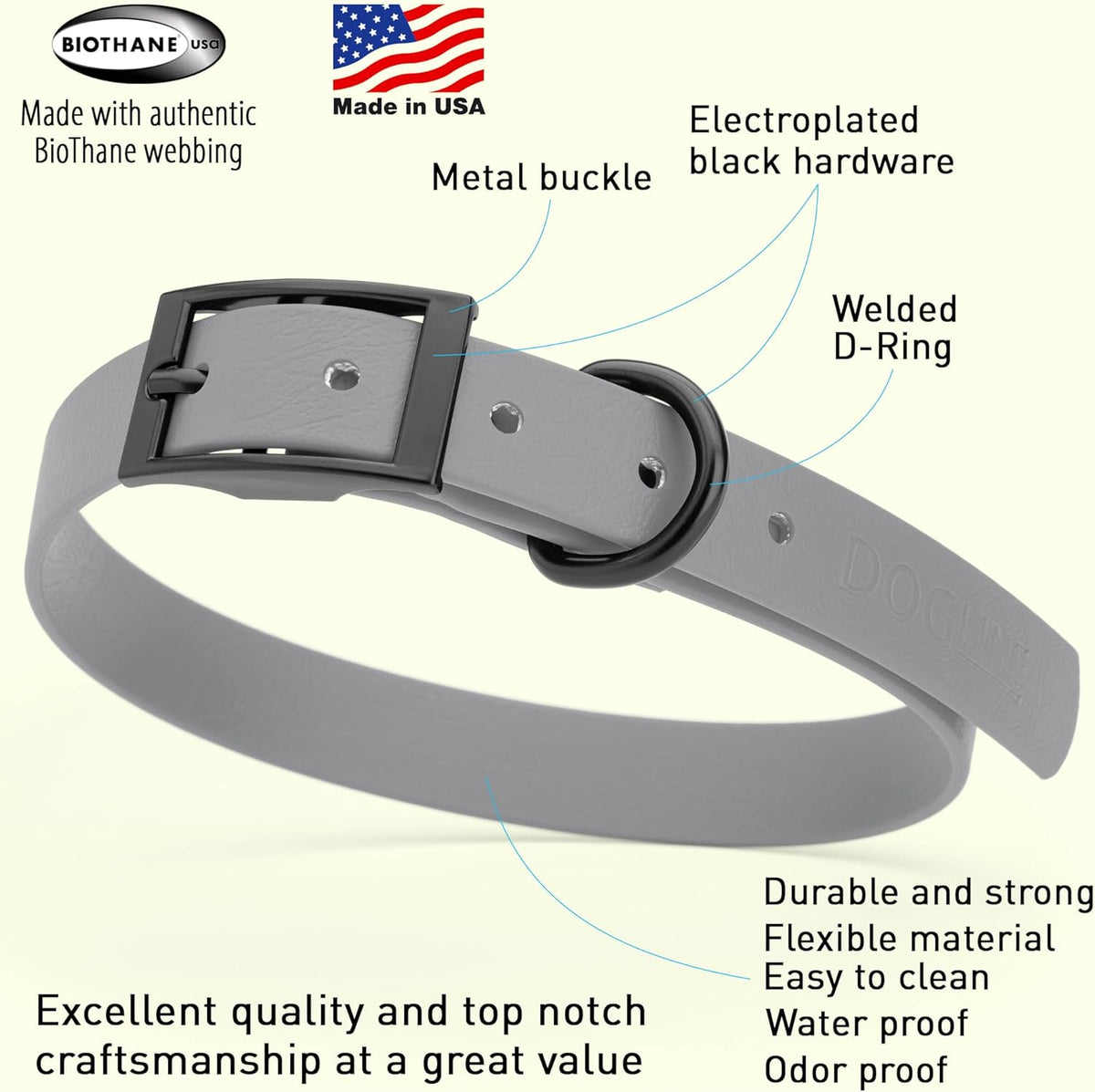 Dogline Biothane Waterproof Dog Collar Strong Coated Nylon Webbing with Black Hardware Odor- Proof for Easy Care Easy to Clean High Performance Fits Small Medium or Large Dogs, Battleship Gray