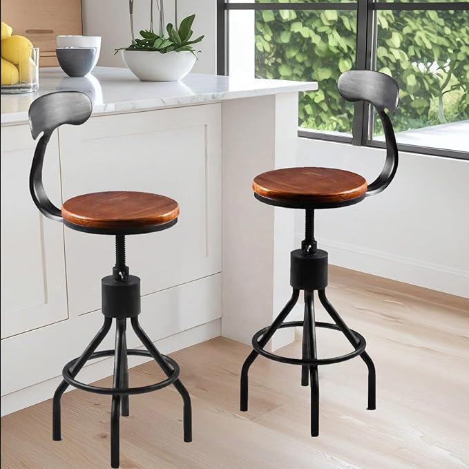 Diwhy Industrial Vintage Bar Stool, Kitchen Counter Height Adjustable Pipe Chair, Cast Iron Stool, Swivel Bar Stool with Backrest, Silver, Fully Welded Set of 2 Brown Wood Seat