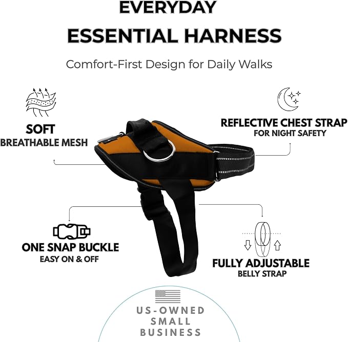 ShawnCo Essential Dog Harness, No-Pull Pet Vest (Sunset Orange,L) | 3 Leash Clips, Easy On, No-Choke, Reflective, Adjustable Fit, Padded Comfort, Control Handle, For Small, Medium & Large Dogs