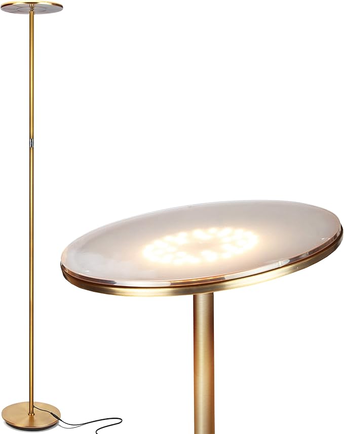 Brightech Sky LED Floor lamp for Living Rooms & Offices -Torchiere Super Bright , Dimmable, Tall Standing Lamp for Bedroom Reading - Gold Brass