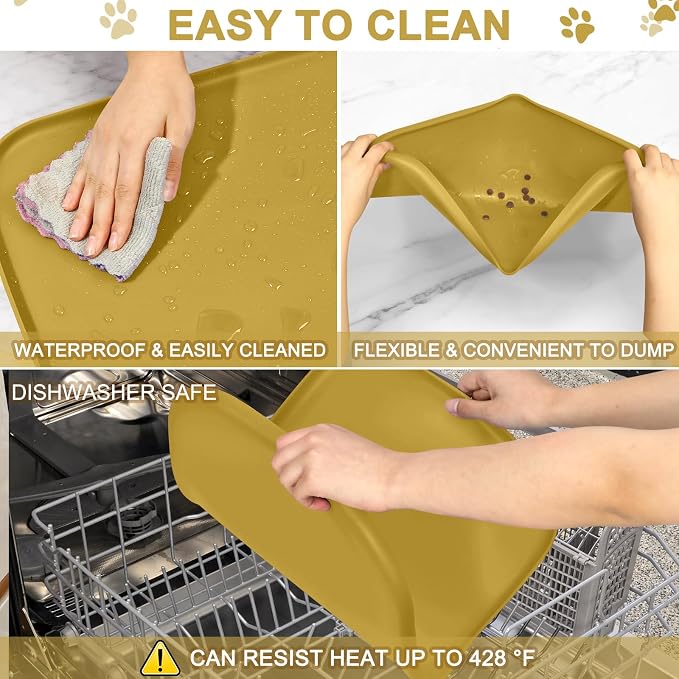 SMILOOL Waterproof Silicone Pet Food Mat with Raised Edge for Dog & Cat | 24" x 16" Non-Slip Pet Feeding Mats with Lip for Food & Water Bowl, Food Grade, Easy Cleaning, Honey