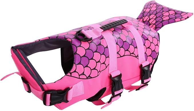 Dog Life Jacket Ripstop Shark Dog Safety Vest Adjustable Preserver with High Buoyancy and Durable Rescue Handle for Small,Medium,Large Dogs, Pink Fish Medium