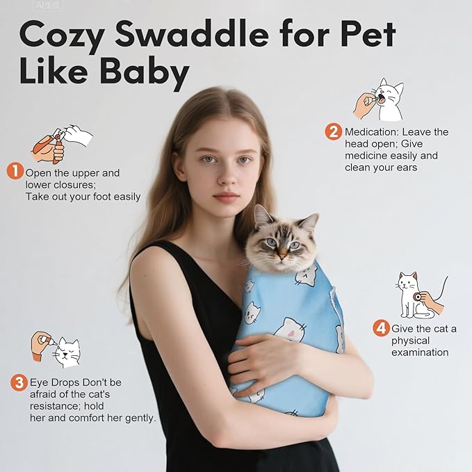 Cat Wrap for Cutting Nails, Self-Adhesive for Grooming, Anti-Scratch Cat Swaddle Wrap for Medicine, Nail Clipping, Teeth Brushing, Ear Cleaning