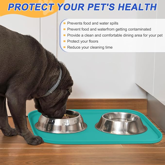 SMILOOL Waterproof Silicone Pet Food Mat with Raised Edge for Dog & Cat | 19" x 12" Non-Slip Pet Feeding Mats with Lip for Food & Water Bowl, Food Grade, Easy Cleaning, Dark Turquoise