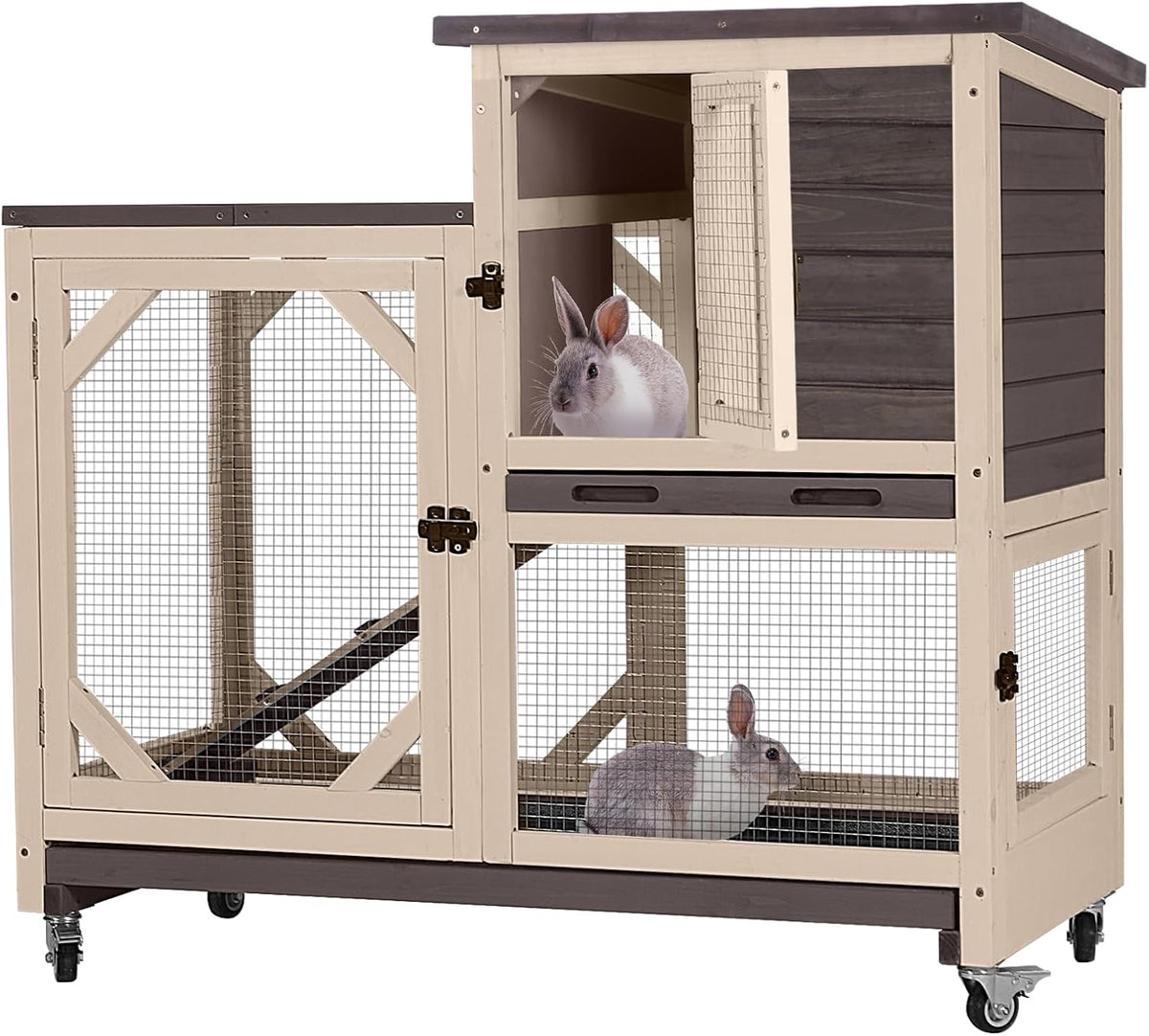 GUTINNEEN Rabbit Hutch Indoor Mobile Bunny Cage with Run Wooden 2 Story Guinea Pig Cage Outdoor for Small Animals with Wheels,Two Deeper No Leak Trays(Brown)