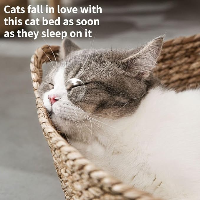 Cat Bed, Straw Woven Cat Baskets Bed, Round Wicker Cat Basket Nest, Non-Slip Cozy Kitten Bed for Cats Small Dog (Only Nest,Small)