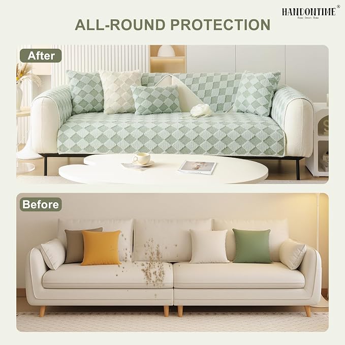 HANDONTIME Non-Slip Pet Couch Cover Washable, Plush Faux Fur Couch Protector for Cushion Pet-Friendly Sofa Covers for Dogs, Checkered Diamond Sectional Covers Dog Mat for Sofa (Green, 35.6" x 70.9")