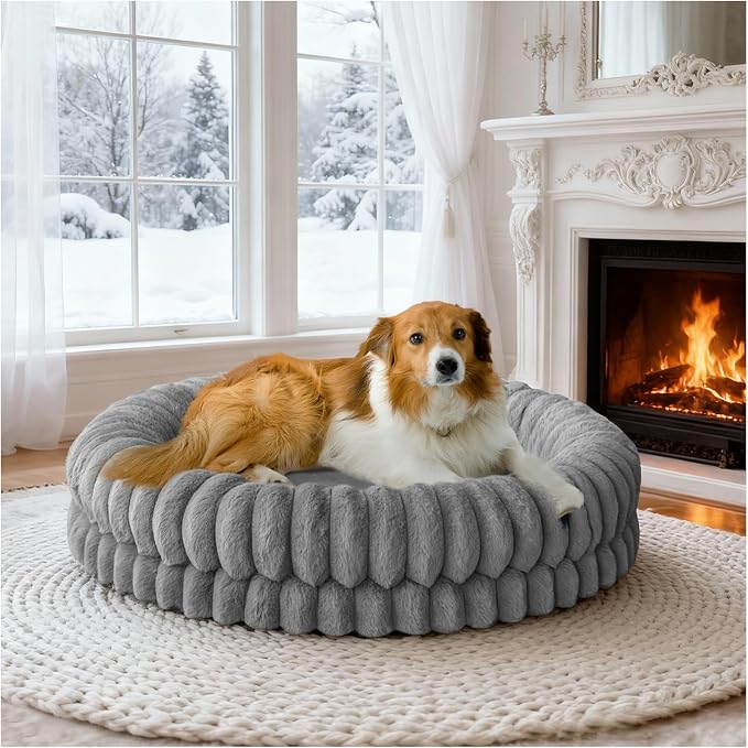 BALANCE Luxury Donut Dog Bed, 36 Inches Round Dog Beds Large Sized Dogs Washable, Orthopedic Calming Dogs Bed for Pets with Anti-Slip Bottom, Gray
