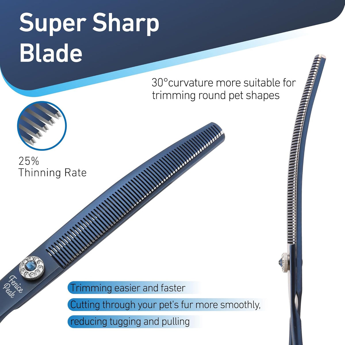 Fenice Peak Professional Dog Grooming Scissors Pet Curved Thinning Shears 7.0'' Extremely Sharp Blades 440C Steel Thinning Scissors Durable Smooth Motion&Fine Cut for Dogs and Cats