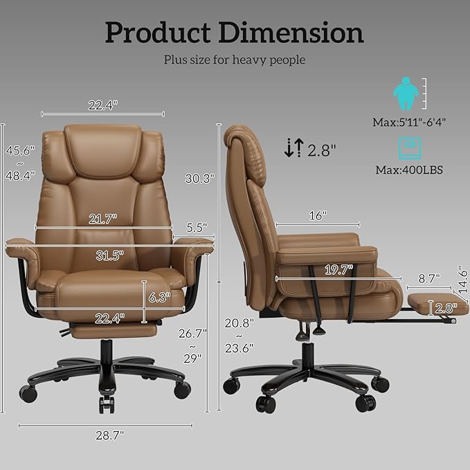 GYI Criss Cross Chair with Wheels, 160°Big and Tall Reclining Office Desk Chair with High Back, Wide Seat, Arms, Footrest, Brown